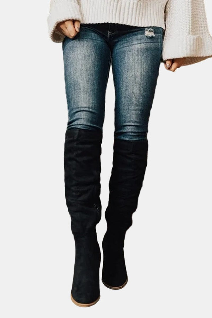 Women's Orthopedic Thigh High Block Heel Black Boots with Arch Support 3