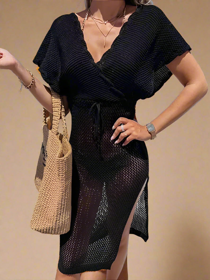 Women's Summer Maxi Dress - Openwork Beach Dress with Wrap Neckline in White 0