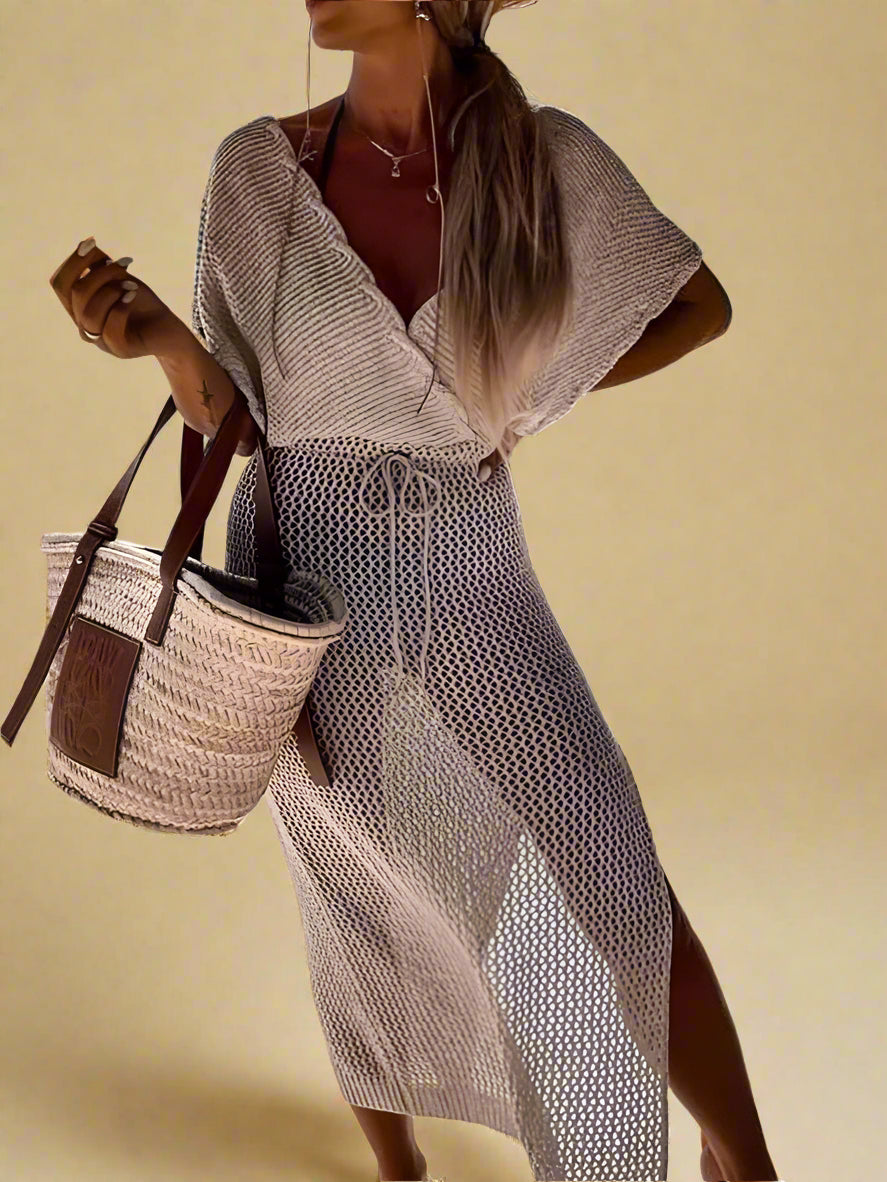 Women's Summer Maxi Dress - Openwork Beach Dress with Wrap Neckline in White 2