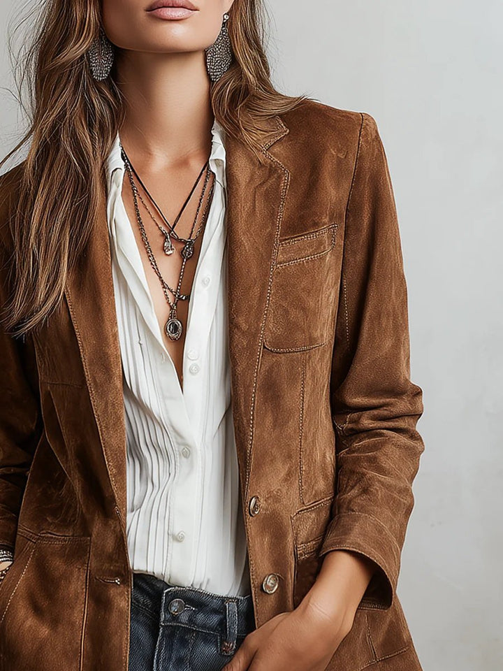 Women's Tailored Single-Breasted Blazer Jacket for Fall - Soft Faux Suede, Structured Fit, Versatile Style 0