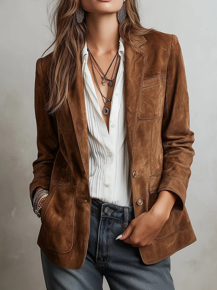 Women's Tailored Single-Breasted Blazer Jacket for Fall - Soft Faux Suede, Structured Fit, Versatile Style 1