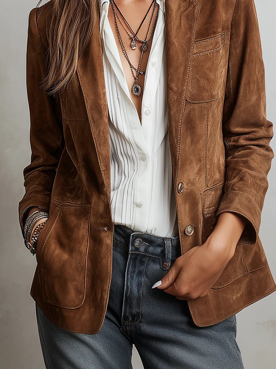 Women's Tailored Single-Breasted Blazer Jacket for Fall - Soft Faux Suede, Structured Fit, Versatile Style 4