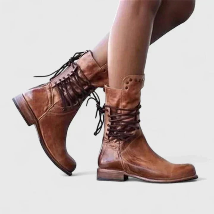Women's Vintage Lace-Up Studded Knee High Boots with Block Heel 0