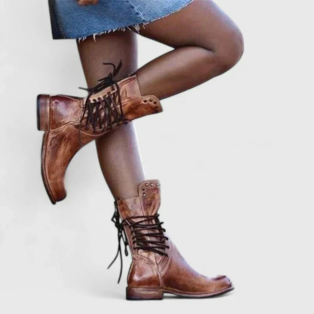 Women's Vintage Lace-Up Studded Knee High Boots with Block Heel 2