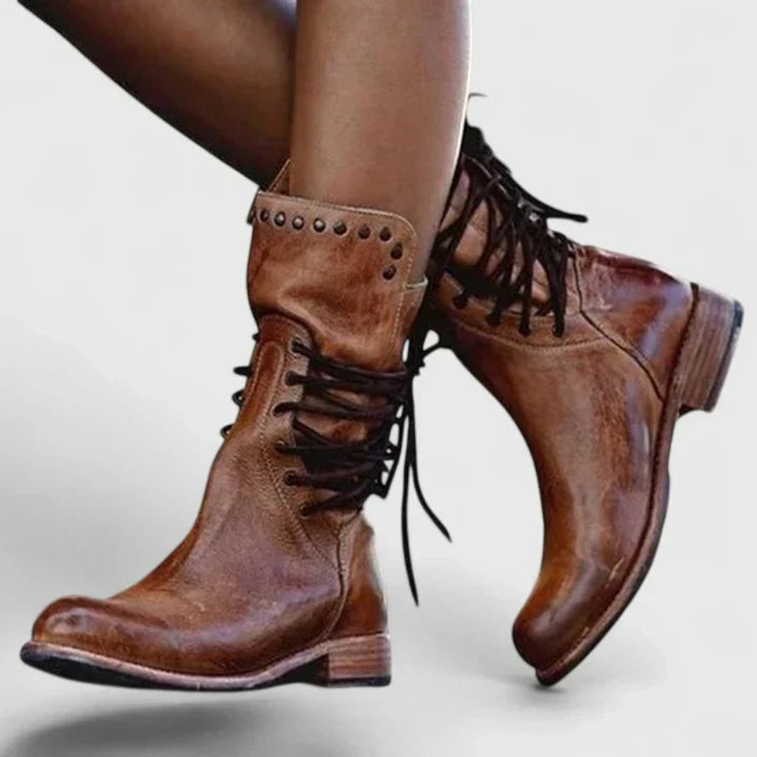 Women's Vintage Lace-Up Studded Knee High Boots with Block Heel 3