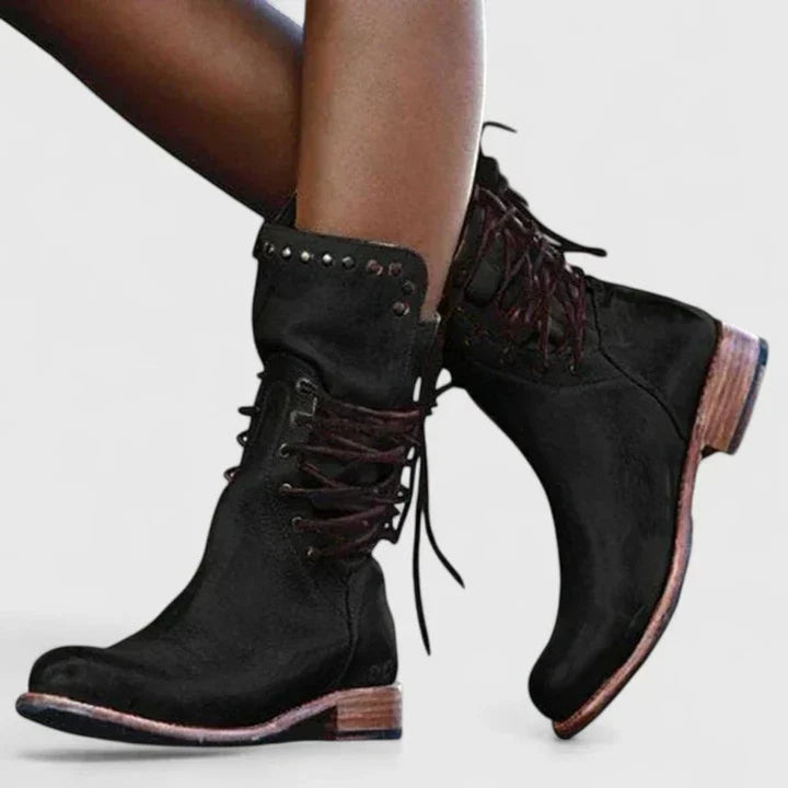 Women's Vintage Lace-Up Studded Knee High Boots with Block Heel 4
