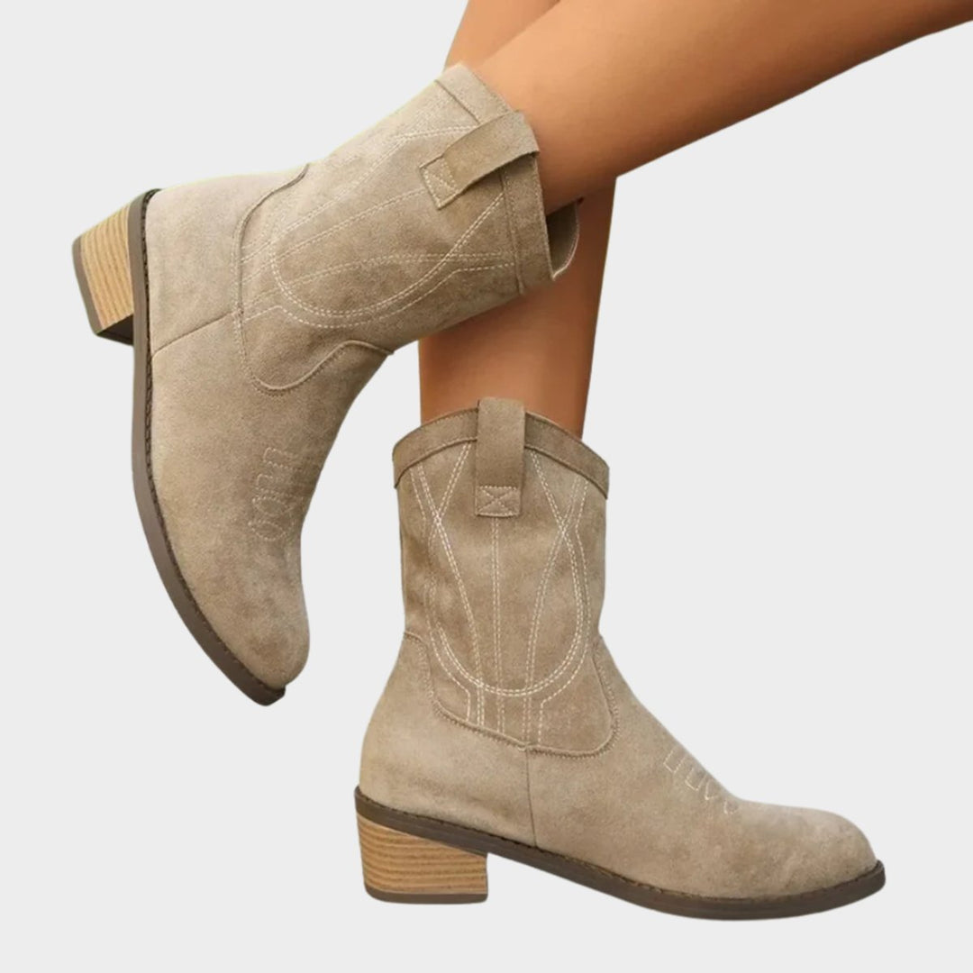 Women's Western Embroidered Mid-Calf Ankle Boots with Stacked Block Heel 0