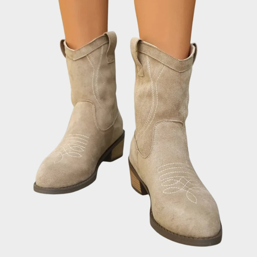 Women's Western Embroidered Mid-Calf Ankle Boots with Stacked Block Heel 1
