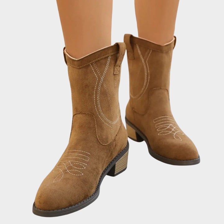Women's Western Embroidered Mid-Calf Ankle Boots with Stacked Block Heel 2