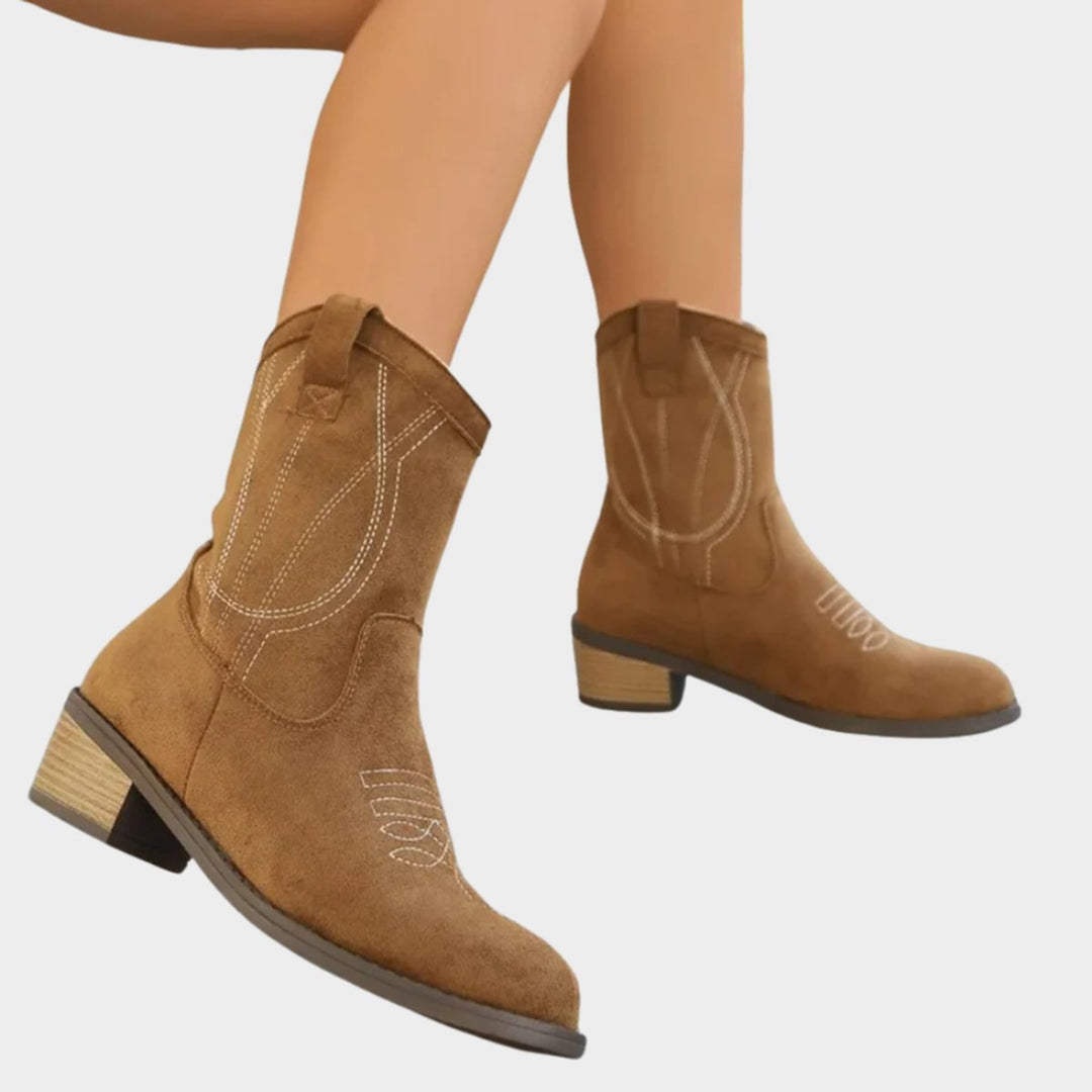 Women's Western Embroidered Mid-Calf Ankle Boots with Stacked Block Heel 4